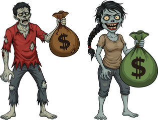 PrintFunny zombie couple illustration, undead characters holding money bags, creepy horror artwork, spooky Halloween design, cartoon monsters, scary undead people, dark fantasy art