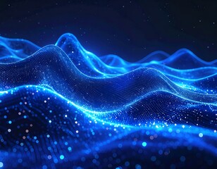 Glowing blue undulating landscape with sparkling particles in a cosmic space