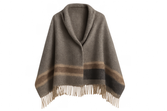 Warm beige wool poncho with horizontal stripes and fringe