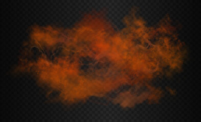 Orange red dangerous colorful smoke cloud. Vector realistic mist isolated on the semi transparent dark background