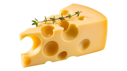 A wedge of swiss cheese with holes and a sprig of thyme on top against a black background