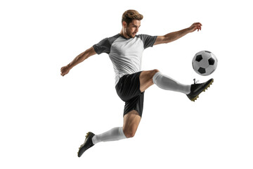 Soccer player kicking ball isolated on transparent background