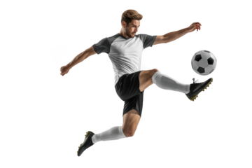 Soccer player kicking ball isolated on transparent background