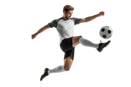 Soccer player kicking ball isolated on transparent background