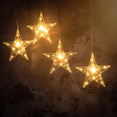 Hanging, glowing, transparent, star-shaped lights against a textured backdrop