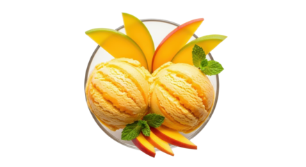 Delicious mango ice cream scoops dessert garnished with fresh mint and fruit slices isolated PNG with Transparent Background