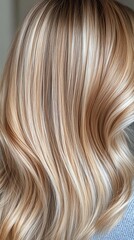 Fototapeta premium Blonde Wavy Hair With Brown Streaks And Textured Curls Close Up Studio Lighting
