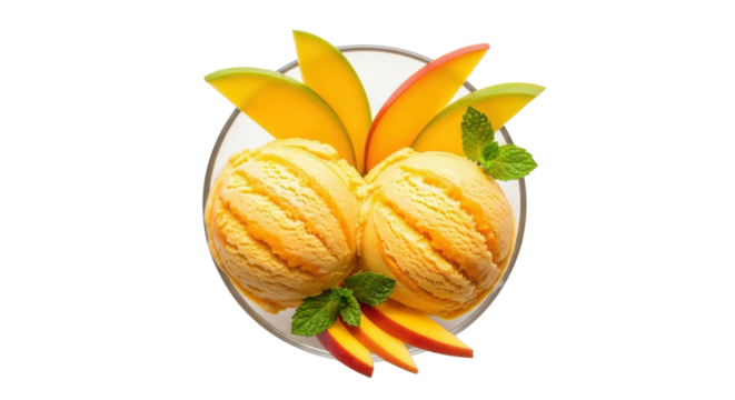 Delicious mango ice cream scoops dessert garnished with fresh mint and fruit slices isolated PNG with Transparent Background