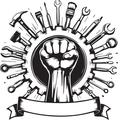 Labor unity emblem with fist, gear, and tools vector illustration for work, industry, and solidarity themes