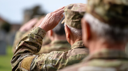 Solemn military veteran soldier in uniform saluting with honor and respect at memorial ceremony. An act of duty for armed forces