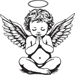 Black and white vector illustration of praying cherubic angel with wings, halo, and serene expression