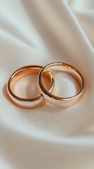 Two Elegant Rose Gold Wedding Rings Intertwined on a Soft Cream Satin Background with Gentle