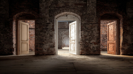 Fototapeta premium Mysterious concept of choice with three open door options. dark room with light shows path to future opportunity and difficult decision