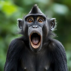 Black Monkey With Open Mouth And Wide Eyes In Green Forest Background