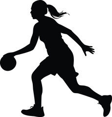 Silhouette of a female basketball player dribbling the ball dynamically
