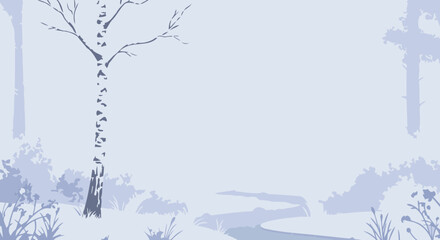 Here you go:

**Title:** Misty Winter Forest Scene with Stream and Blank Rectangular Frame for Text Overlay