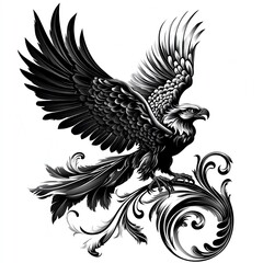 Intricate Black And White Eagle With Ornate Tail Feathers Perched On Swirling Filigree Detailed