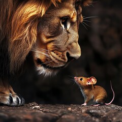 Majestic Male Lion Confronts Tiny Mouse in Dramatic Close Up Wildlife Scene with Dark Background