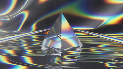 A triangular prism refracts light, creating a spectrum of rainbow colors on a reflective surface