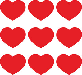 A collection of nine vibrant red hearts arranged in a grid pattern