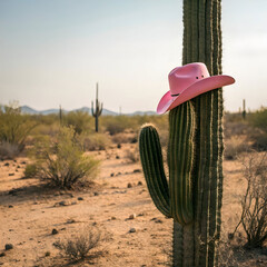 pink cowboy hat gently resting on the arm of