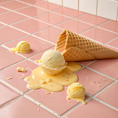a soft yellow ice cream melting slowly over pink
