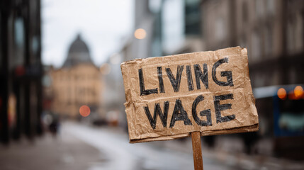 Serious living wage placard protest or strike an urban city street. determined message fighting against debt, poverty, and income inequality