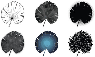 Stylized circular leaf vector set, black nature icons, graphic clipart bundle, abstract leaf shapes for design, botanical, seasonal, and decorative use