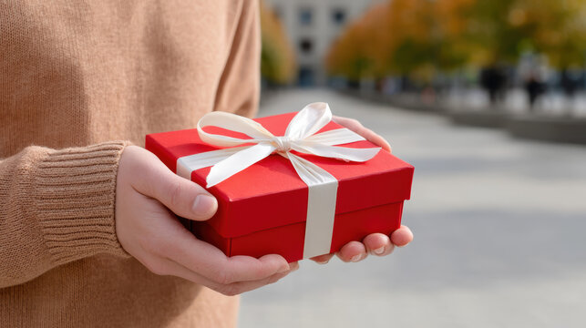 Happy man holding red gift present box outdoor for special celebration. lovely surprise gesture showing love and affection for holiday