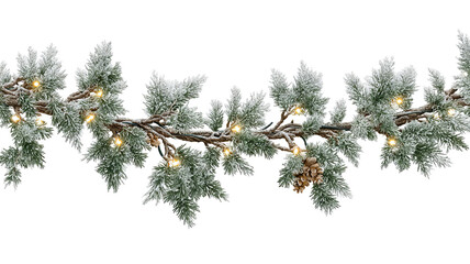 Snowy green Christmas garland branches with lights isolated on transparent background high resolution PNG for festive holiday decor banners and social media
