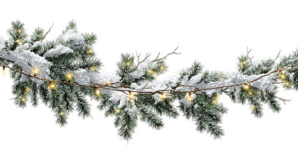 Snowy green Christmas garland branches with lights isolated on transparent background high resolution PNG for festive holiday decor banners and social media
