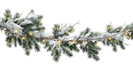 Snowy green Christmas garland branches with lights isolated on transparent background high resolution PNG for festive holiday decor banners and social media
