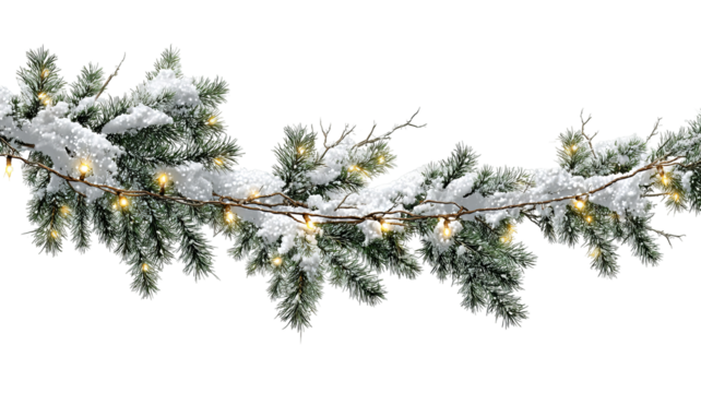 Snowy green Christmas garland branches with lights isolated on transparent background high resolution PNG for festive holiday decor banners and social media
