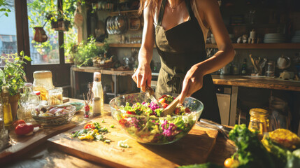 Focused woman chef making fresh organic salad in rustic kitchen. healthy lifestyle meal with natural vegetable ingredients for well being