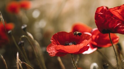 Vibrant red poppies with a bee captured in a bright warm natural light