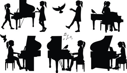 Silhouette vector illustration of girl with grand piano, birds, musical notes, harmony, creativity, inspiration, performance, art, design, nature, melody