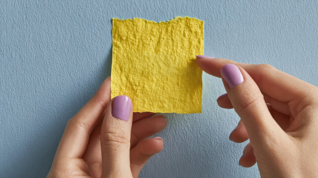 Focused woman hand with purple nail holding crumpled yellow blank sticky note. Finger pointing at empty space for reminder on blue wall
