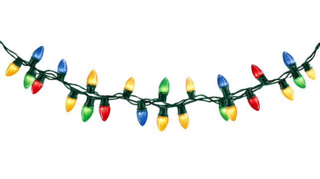 String of colorful christmas lights with green wire isolated on transparent background glowing multicolored bulbs festive decoration high resolution png for holiday and new year design