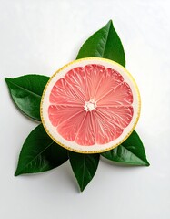 Pink grapefruit slice on leaves