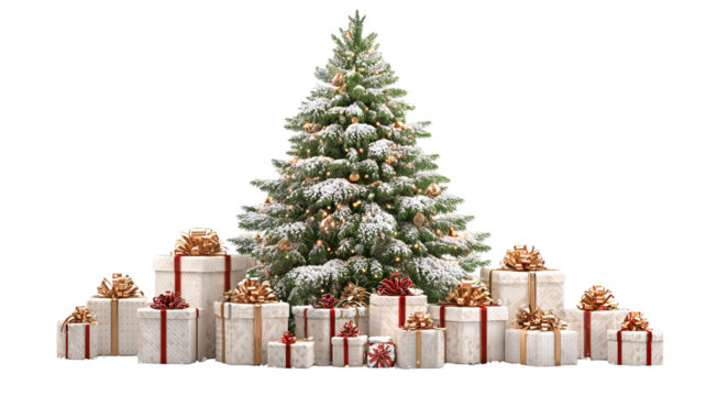 Festive Christmas tree with wrapped gifts isolated on transparent background high resolution PNG for holiday greeting cards banners web design and social media