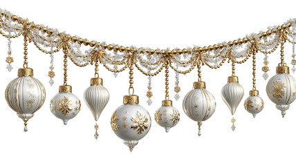 Golden Christmas garland with hanging ornaments isolated on white background high resolution PNG for festive chandelier decor cards banners and web design