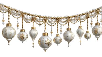 Golden Christmas garland with hanging ornaments isolated on white background high resolution PNG for festive chandelier decor cards banners and web design