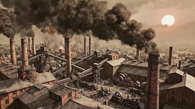 An industrial factory from the 1880s steam engine era, with tall smokestacks emitting coal-fueled smoke, symbolizing the 18th-century Industrial Revolution 
