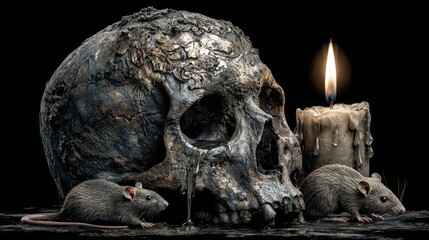 Human skull with melting candle dripping wax and rat climbing behind, dark background with ultra realistic cinematic lighting and high contrast, horror and macabre theme