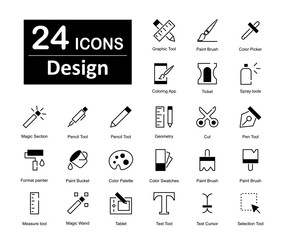 A set of 24 icons as graphic tool, paint brush, color picke