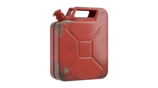 Isolated red jerrycan with visible wear and tear on a black background in a studio setting