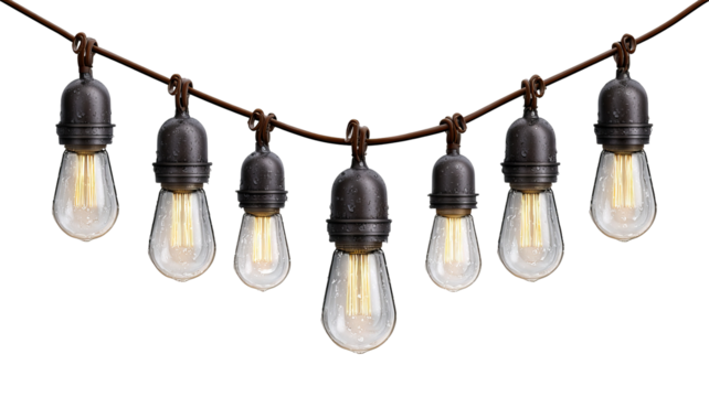 Outdoor string bulb lights with vintage filament isolated on transparent background warm glowing decorative illumination high resolution png for holiday event and garden design
