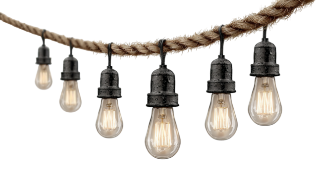 Outdoor string bulb lights with vintage filament isolated on transparent background warm glowing decorative illumination high resolution png for holiday event and garden design

