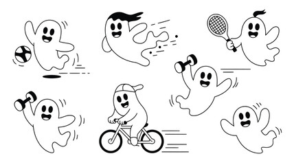 Fototapeta premium A collection of active ghosts engaging in various sports and fitness activities in line art style silhouette