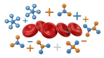 Red blood cells surrounded by molecules with positive and negative charges on a black background